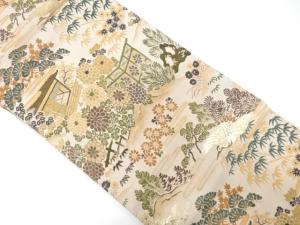 アンティーク　屋敷風景に草花模様織り出し名古屋帯（着用可）